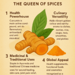 Turmeric – The Queen of Spices’ showing turmeric roots and powder, with four sections highlighting its health benefits, culinary versatility, traditional medicinal uses, and global appeal on a golden background.