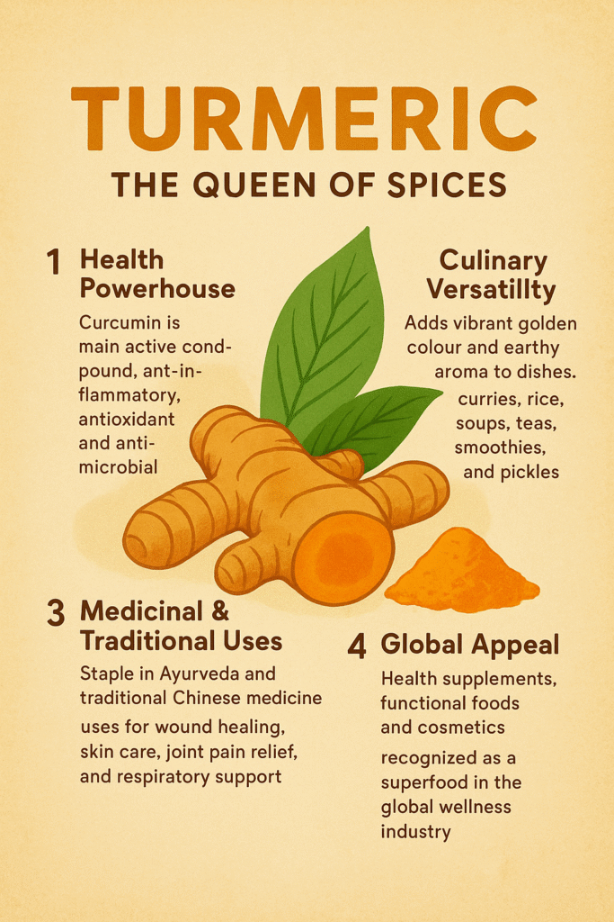 Turmeric – The Queen of Spices’ showing turmeric roots and powder, with four sections highlighting its health benefits, culinary versatility, traditional medicinal uses, and global appeal on a golden background.